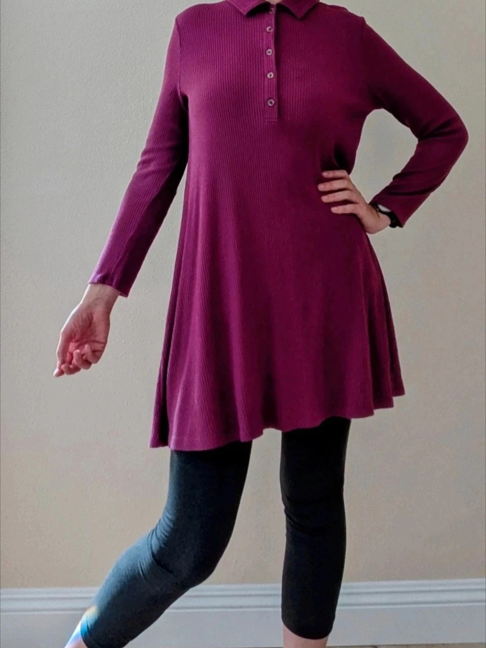 Ribbed Long-Sleeve Polo Tunic in Plum